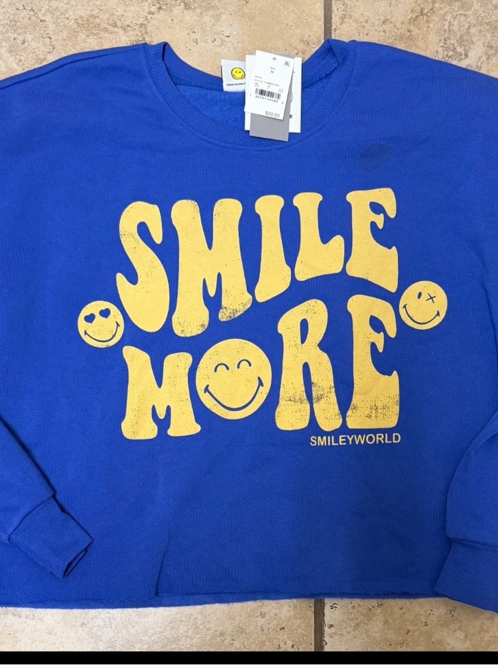 ‘Smile More' Blue Cropped Graphic Sweatshirt, Size Medium, NEW with tags